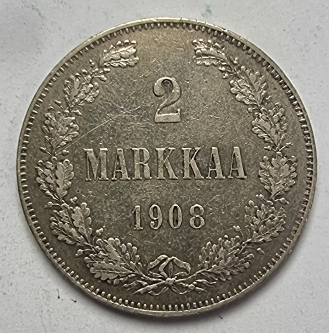 Финляндия монета 2 марки 1908г.