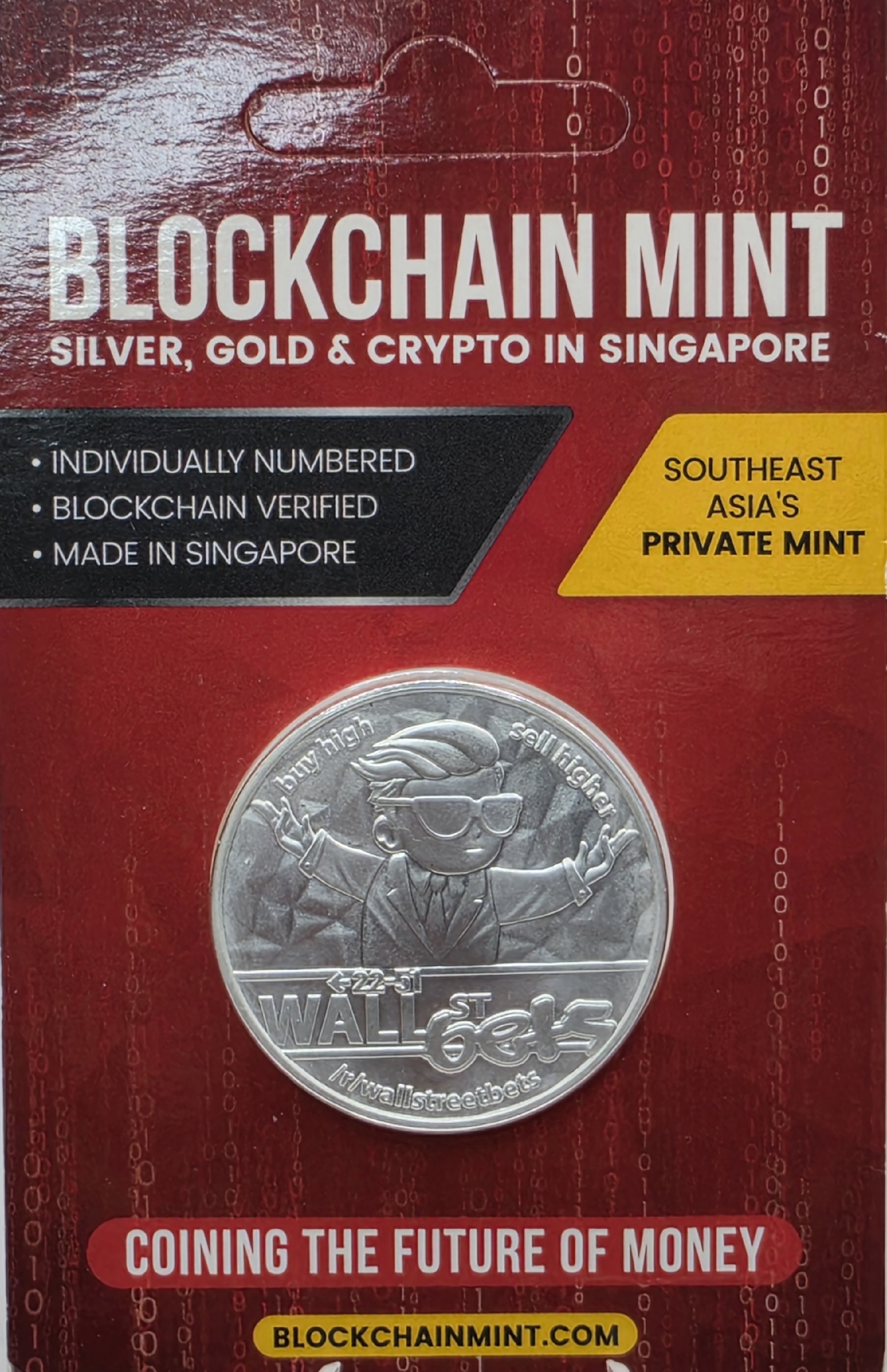 Культовый серебряный раунд WallStreetBets (1 унция чистого серебра .999) от Blockchain Mint (Сингапур)