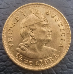 Перу. Золотая монета 1/5 либры 1914г.