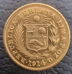 Перу. Золотая монета 1/5 либры 1914г.