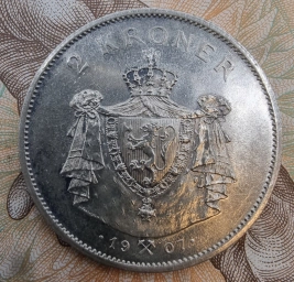 Норвегия. Серебряная монета 2 кроны 1907г. Независимость Норвегии