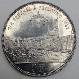 Швейцария,  монета 5 франков 1881 г. Стрелковый фестиваль во Фрибуре.