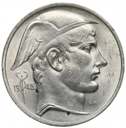 Бельгия, серебряная монета 50 франков (francs) 1948  Меркурий