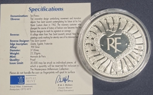 Франция. 10 франков (10 FRANCS) 2000г. Ив Сен-Лоран