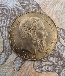 Бельгия. Золотая монета  20 Франков 1882 г. Король Леопольд II