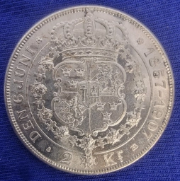 Швеция, серебряная монета 2 кроны 1907г. Золотая свадьба.