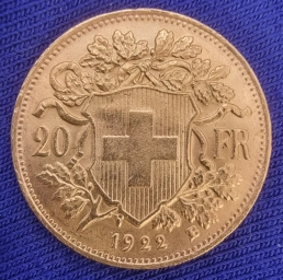 Швейцария. Золотая монета 20 франков 1922г. Гельвеция