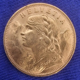 Швейцария. Золотая монета 20 франков 1922г. Гельвеция