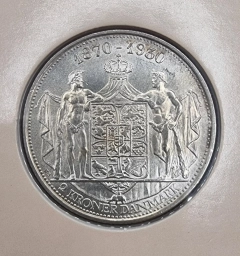 Дания, серебряная монета 2 кроны 1930г. Блистер. Юбилей Кристиана X