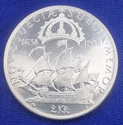 Швеция, монета 2 кроны 1938г. Густав V. 300 лет поселению Делавэр.