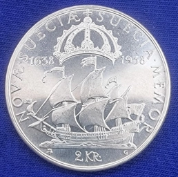 Швеция, монета 2 кроны 1938г. Густав V. 300 лет поселению Делавэр.