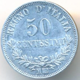 Италия серебряная монета 50 чентезимо 1863г. Виктор Эммануил II