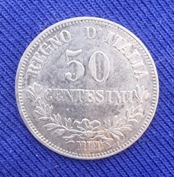 Италия серебряная монета 50 чентезимо 1863г. Виктор Эммануил II