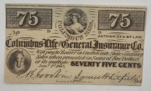 Банкнота 75 центов 1864г. (75 cents) Confederate States of America