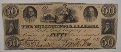 $ 50 Долларов 1836г. America, Mississippi - Alabama Railroad Company