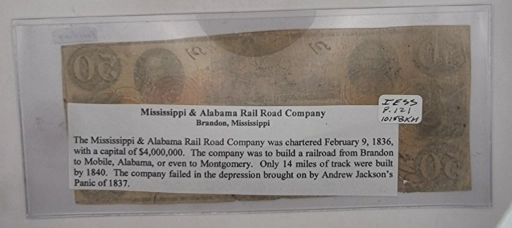 $ 50 Долларов 1836г. America, Mississippi - Alabama Railroad Company