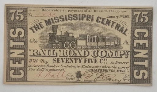 Банкнота 75 центов 1862г. 75 cents America Rail Road Company Миссисипи