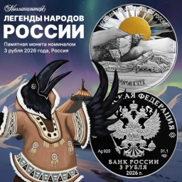 3 рубля 2026г Ворон Кутх. Серебро 31,1г пруф
