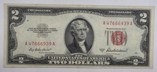 Редкие 2 доллара США 1953 года А (Красная печать)