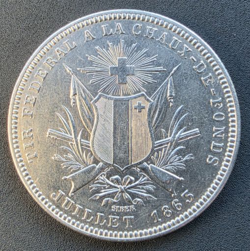 Швейцария. Монета 5 франков 1863 года Стрелковый фестиваль в Ла-Шо-де-Фон